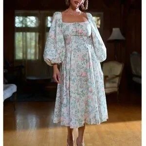 Selkie Floral Midi Dress in Pastel Pink and Green